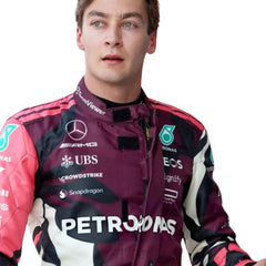 Close-up of high-performance fabric, stitched driver names, and sponsor logos on the 2025 George Russell F1 Racing Suit- Bestracewear