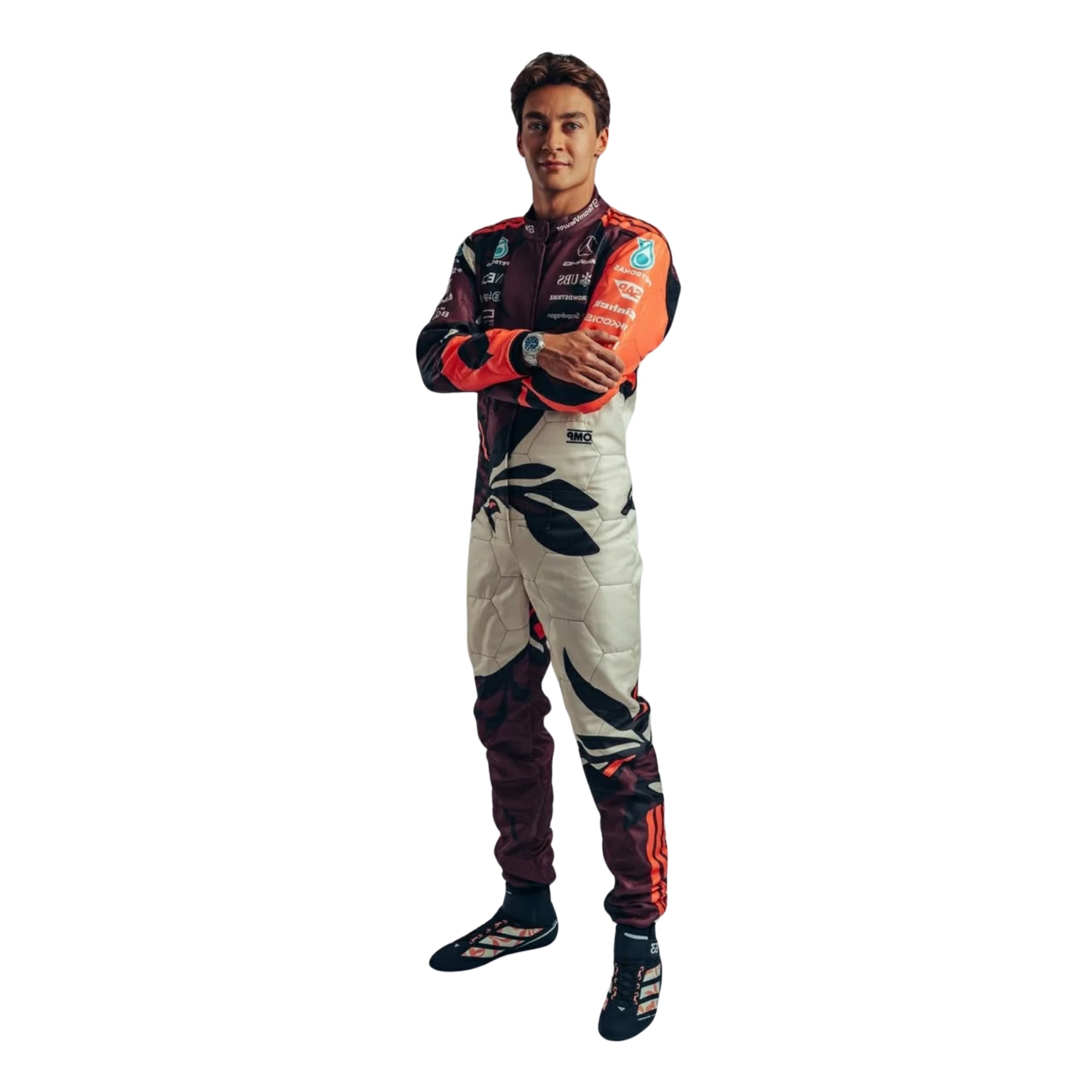 Side profile of 2025 George Russell F1 Racing Suit from Bestracewear highlighting driver-specific accents, dynamic side striping, and sleek ergonomic shaping for high-speed performance.