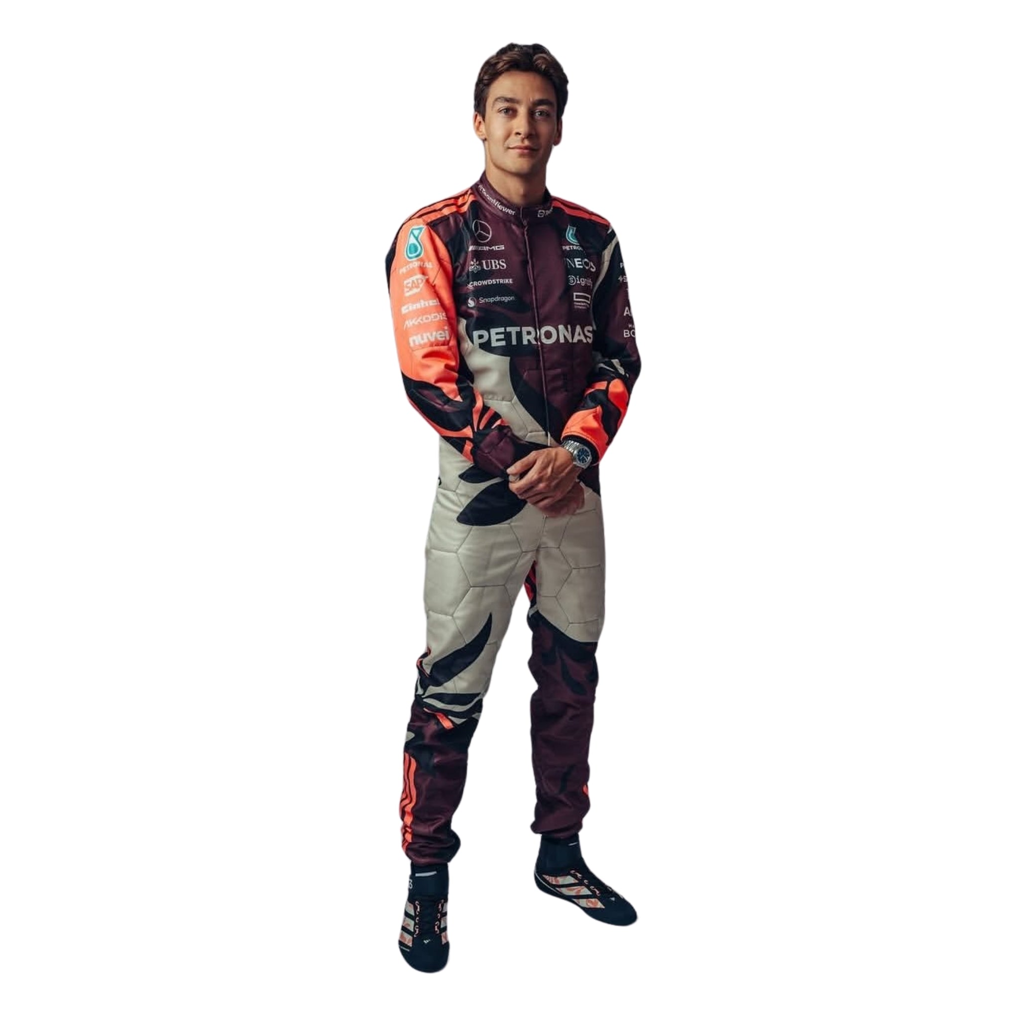 Front view of 2025 George Russell & Kimi Antonelli F1 Racing Suit from Bestracewear featuring modern aerodynamic tailoring, tropical-inspired graphics, and race-ready detailing.