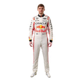 Max Verstappen's 2025 Japanese Grand Prix f1 race suit front view, featuring a predominantly white design with red accents inspired by Japanese culture.Bestracewear