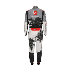 Rear shot of2023 Miami GP F1 racing suit from Bestracewear, showcasing breathable panels, tailored fit, and dynamic color blocking.