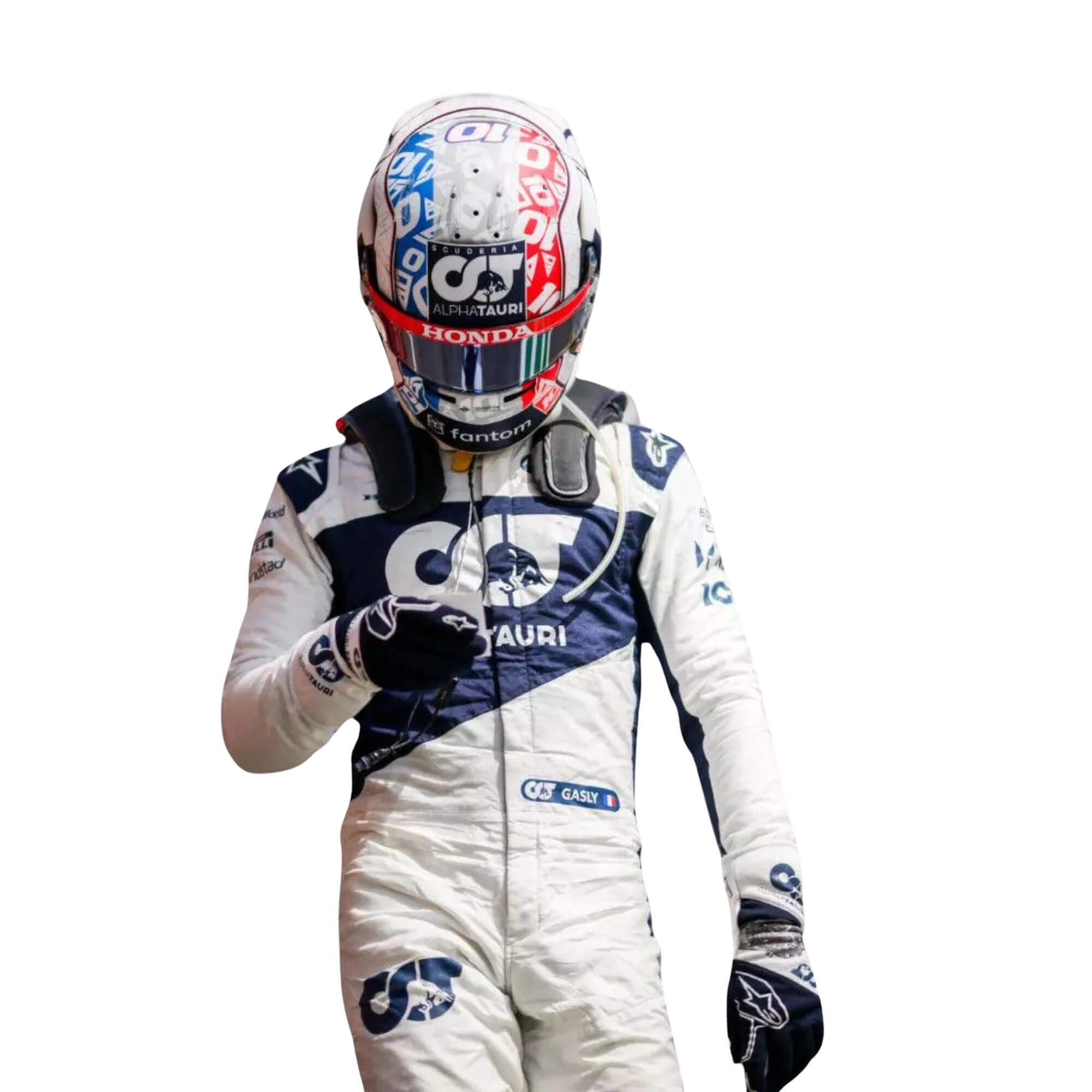 Closeup front view of Pierre Gasly’s 2021 F1 racing suit-Bestracewear