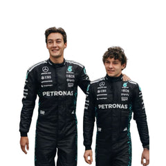 Andrea Kimi Antonelli and George Russell captured mid-action wearing his 2025 Formula 1 racing suit, the dynamic black and neon green colors accentuating the movement and modern design of the suit.