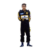 Front view of Ayrton Senna's 1985 F1 racing suit in bright red with white sponsor patches, capturing his iconic style and fearless attitude on the track.