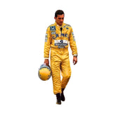 Front view of Ayrton Senna's 1987 F1 racing suit in bold yellow with green and blue accents, reflecting his Brazilian pride and dynamic racing style.Bestracewear