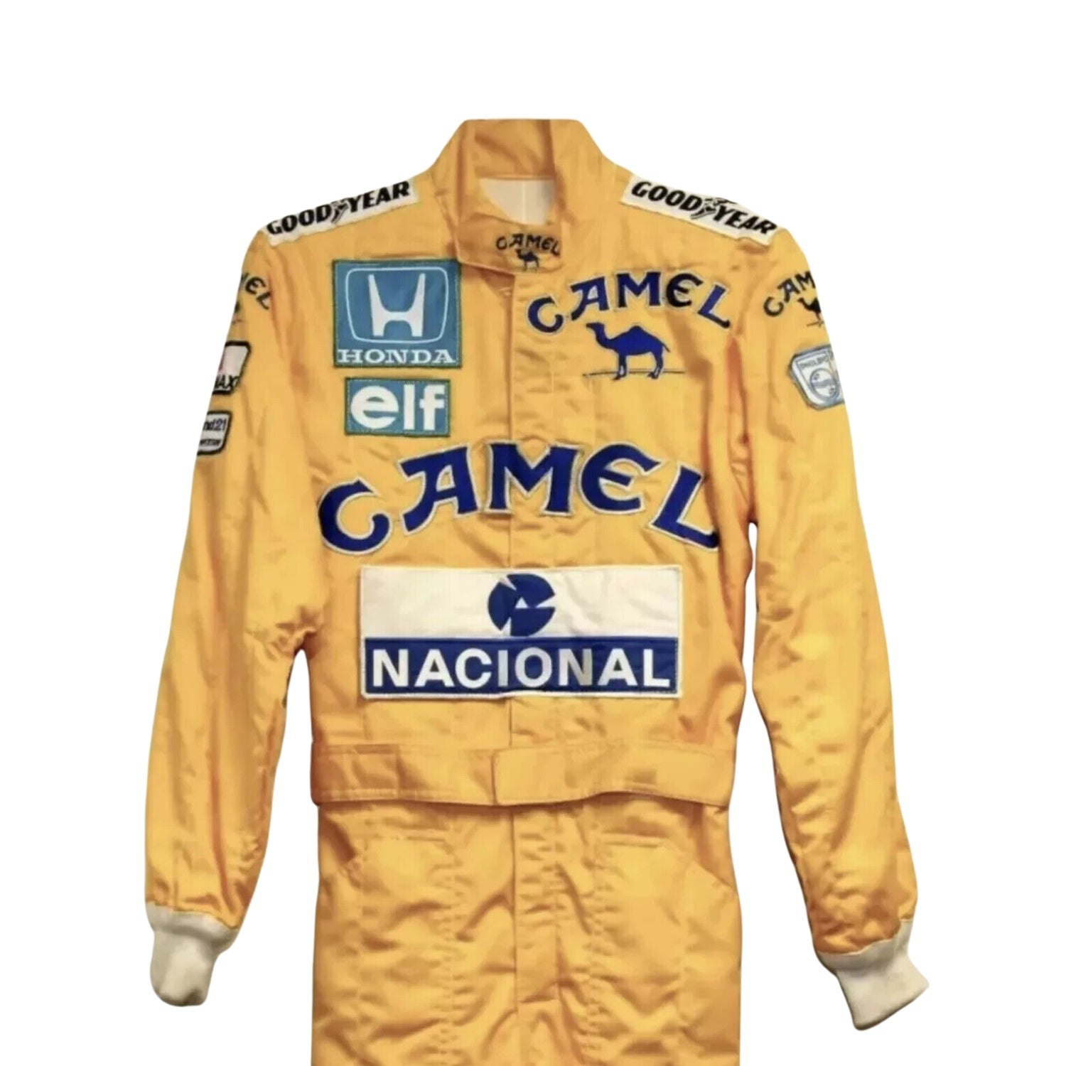 Close-up shot of the 1987 F1 racing suit worn by Ayrton Senna, highlighting premium stitching, fabric texture, and colorful sponsor logos.Bestracewear