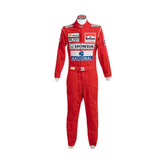 Front view of Ayrton Senna’s 1988 Stand21 F1 racing suit in bright red with white panels and detailed sponsor patches, worn during his championship-winning season.Bestracewear