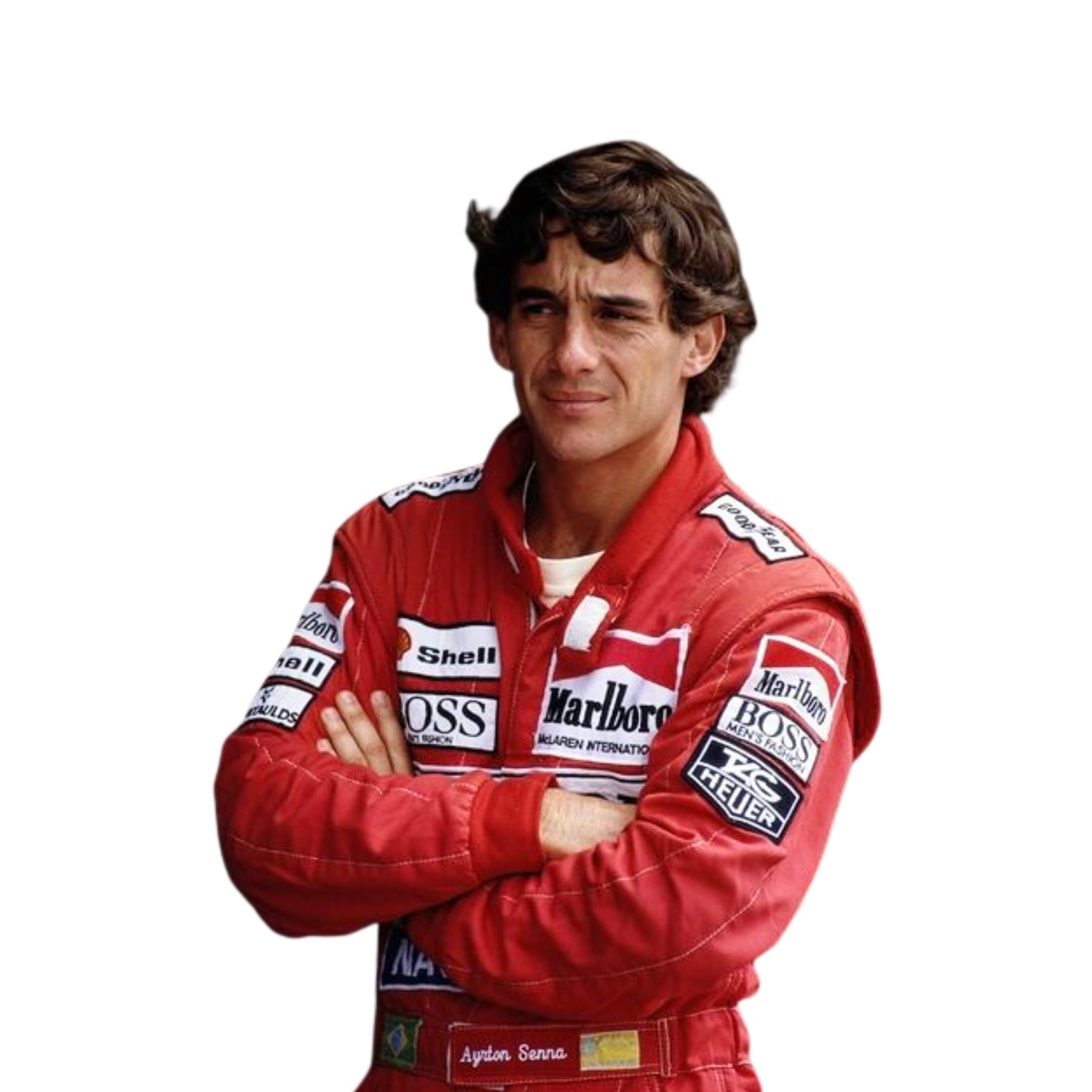 Close-up shot of Ayrton Senna’s 1991 racing suit stitching and sponsor logos, capturing the fine craftsmanship and detail that made this McLaren suit iconic.Bestracewear