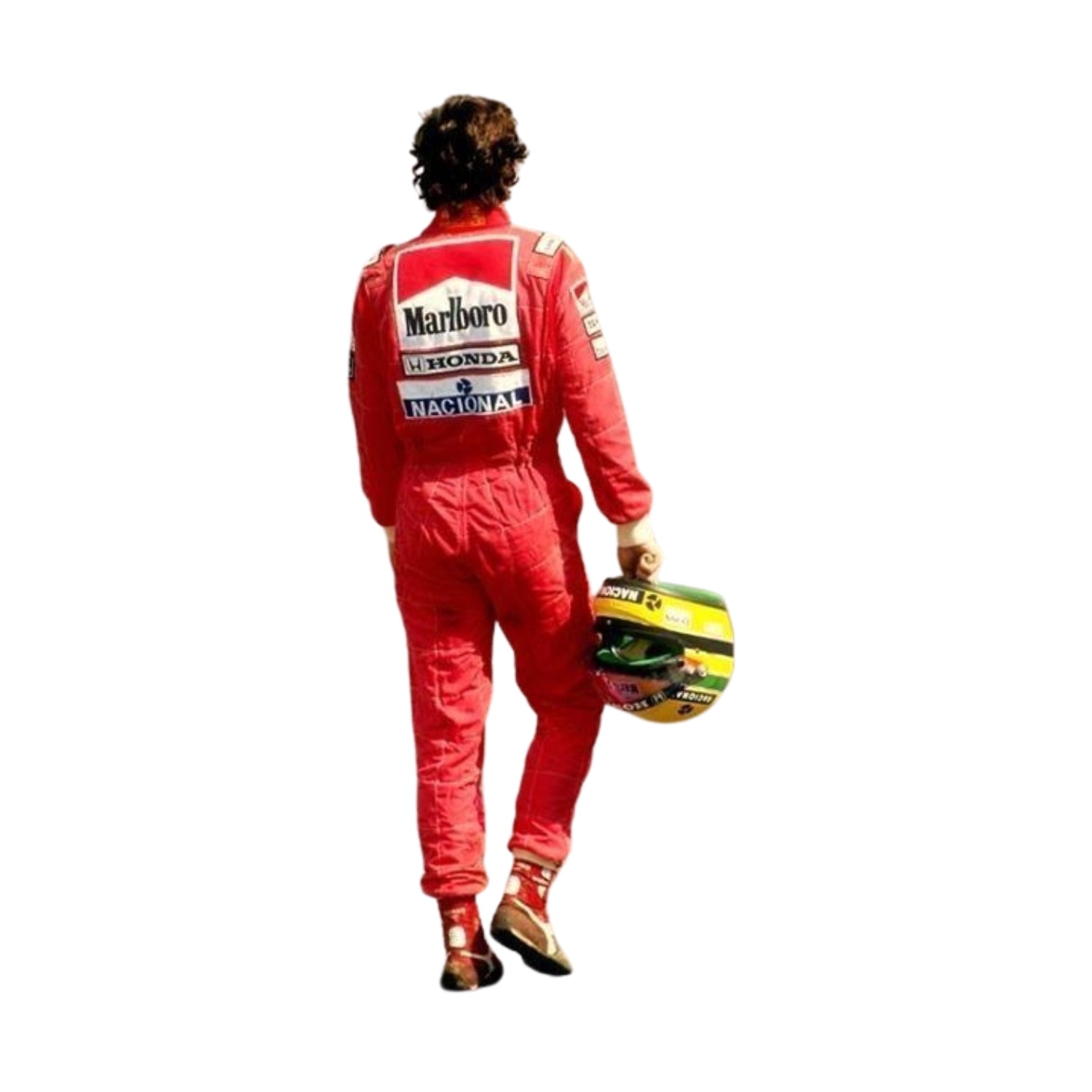 Back view of Ayrton Senna’s 1991 F1 racing suit, showcasing the bold red and white McLaren colors and premium fabric, marking his triumph in the United States GP.Bestracewear