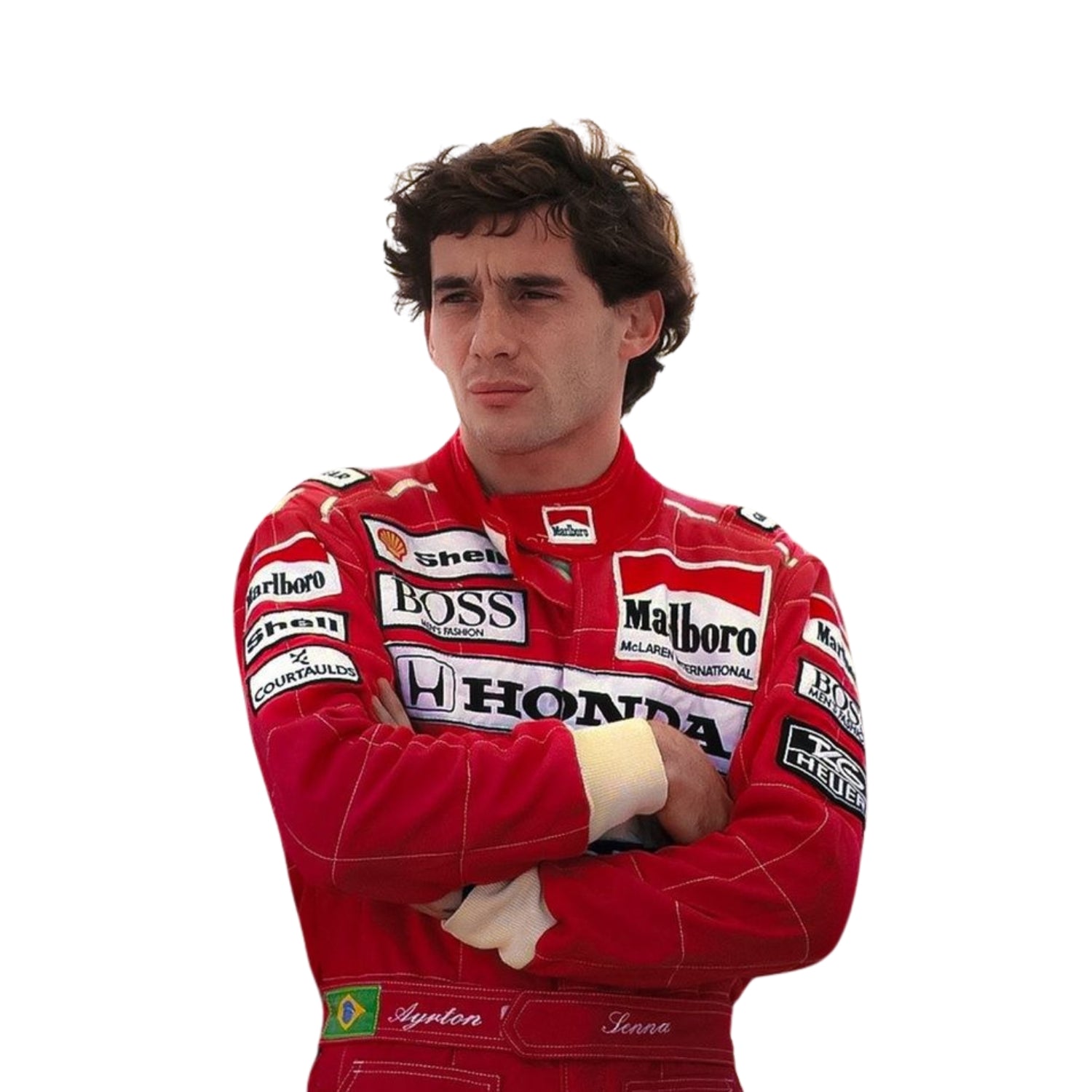 Close-up shot of Ayrton Senna’s 1991 racing suit stitching and sponsor logos, capturing the fine craftsmanship and detail that made this McLaren f1 suit iconic.Bestracewear