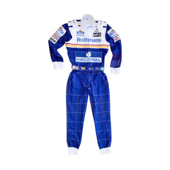 Front view of Ayrton Senna’s 1994 F1 racing suit, featuring his iconic yellow and blue design, reflecting his final season in Formula 1 before his tragic passing.Bestracewear