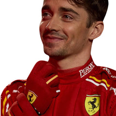 Close-up of 2024 Charles Leclerc F1 racing suit from Bestracewear, focusing on the red material with black stitching and sponsor logos, highlighting its precision design.