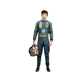 Front view of 2024 Charles Leclerc Italy GP F1 racing suit from Bestracewear in black with Modena yellow accents, showcasing a modern design with sponsor logos.