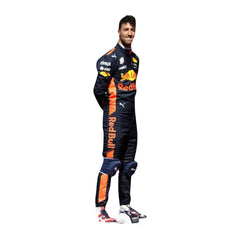 Left side view of Daniel Ricciardo’s 2017 racing suit, highlighting embroidered sponsor logos and a precision-tailored racing fit - Bestracewear