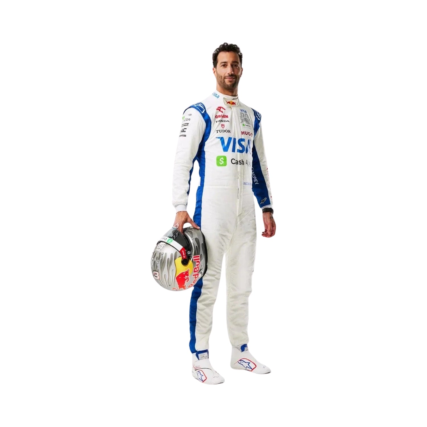 Side view of Daniel Ricciardo 2024 wearing white racing suit