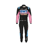 Esteban Ocon's 2023 Las Vegas Grand Prix F1 racing suit front view featuring a black base with pink and blue accents on the shoulders and sides, complemented by sponsor logos, showcasing a sleek and modern design.