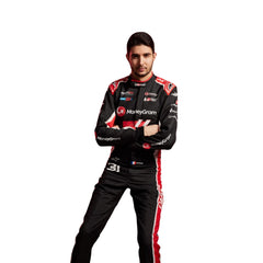 Esteban Ocon 2025 Haas F1 Racing Suit Detail View, Haas Logo with Embroidered Sponsor Patches