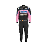 Front view of Fernando Alonso's 2022 Italian GP F1 racing suit, showcasing sleek design and sponsor logos.