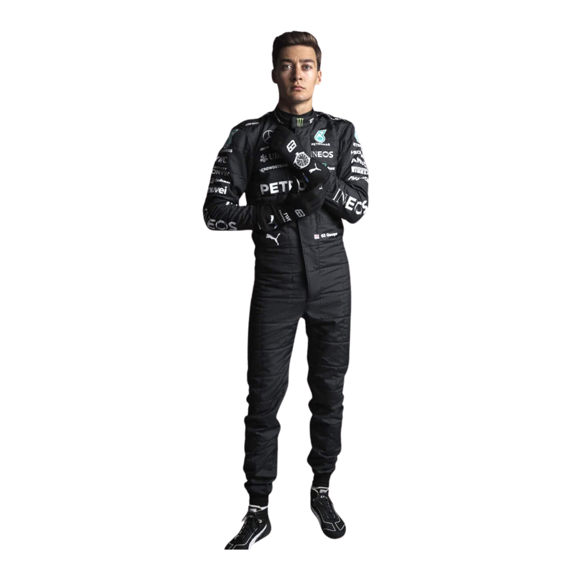 George Russell’s 2023 F1 racing suit in a sleek black and silver design, featuring prominent sponsor logos on the chest and legs. The suit is tailored for aerodynamics and performance, showcasing Russell’s commitment to excellence_Bestracewear