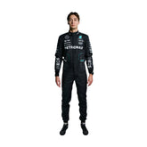 George Russell’s 2023 F1 racing suit in a sleek black and silver design, featuring prominent sponsor logos on the chest and legs. The suit is tailored for aerodynamics and performance, showcasing Russell’s commitment to excellence.Bestracewear