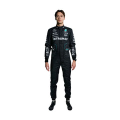 George Russell’s 2023 F1 racing suit in a sleek black and silver design, featuring prominent sponsor logos on the chest and legs. The suit is tailored for aerodynamics and performance, showcasing Russell’s commitment to excellence.Bestracewear