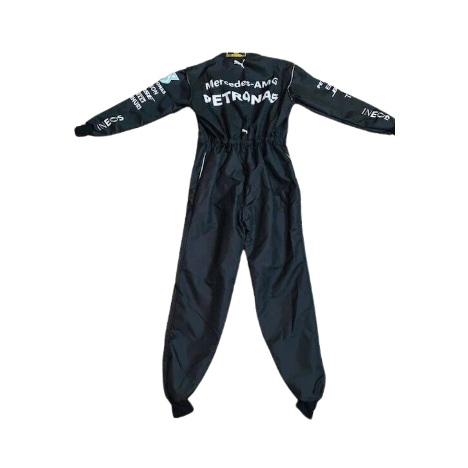 Rear view of George Russell’s 2023 F1 racing suit, focusing on the back design with sponsor branding and detailing for maximum flexibility and comfort.Bestracewear