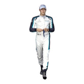 2021 George Russell F1 Racing Suit Front View, Navy Blue Design, Zipper Closure, Embroidered Details