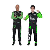 Front view of Zhou Guanyu's And Valtteri Bottas 2024 Kick Sauber F1 racing suit in black with neon green sleeves and accents, showcasing a modern design.