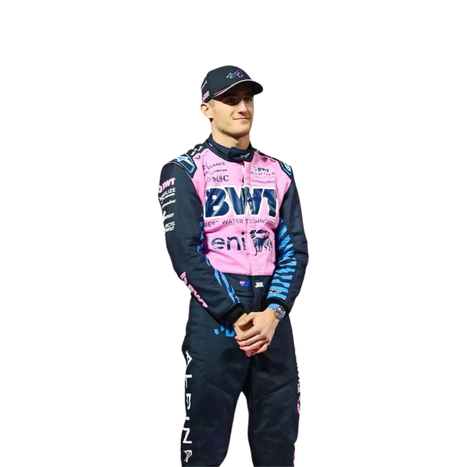 Front view of Jack Doohan 2025 F1 racing suit featuring bold styling, vibrant colors, and fire-resistant, lightweight fabric.