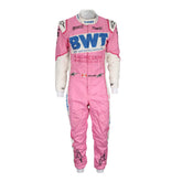 Front view of Lance Stroll 2020 F1 suit – vibrant pink and green design