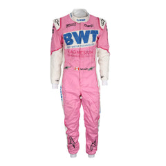 Front view of Lance Stroll 2020 F1 suit – vibrant pink and green design