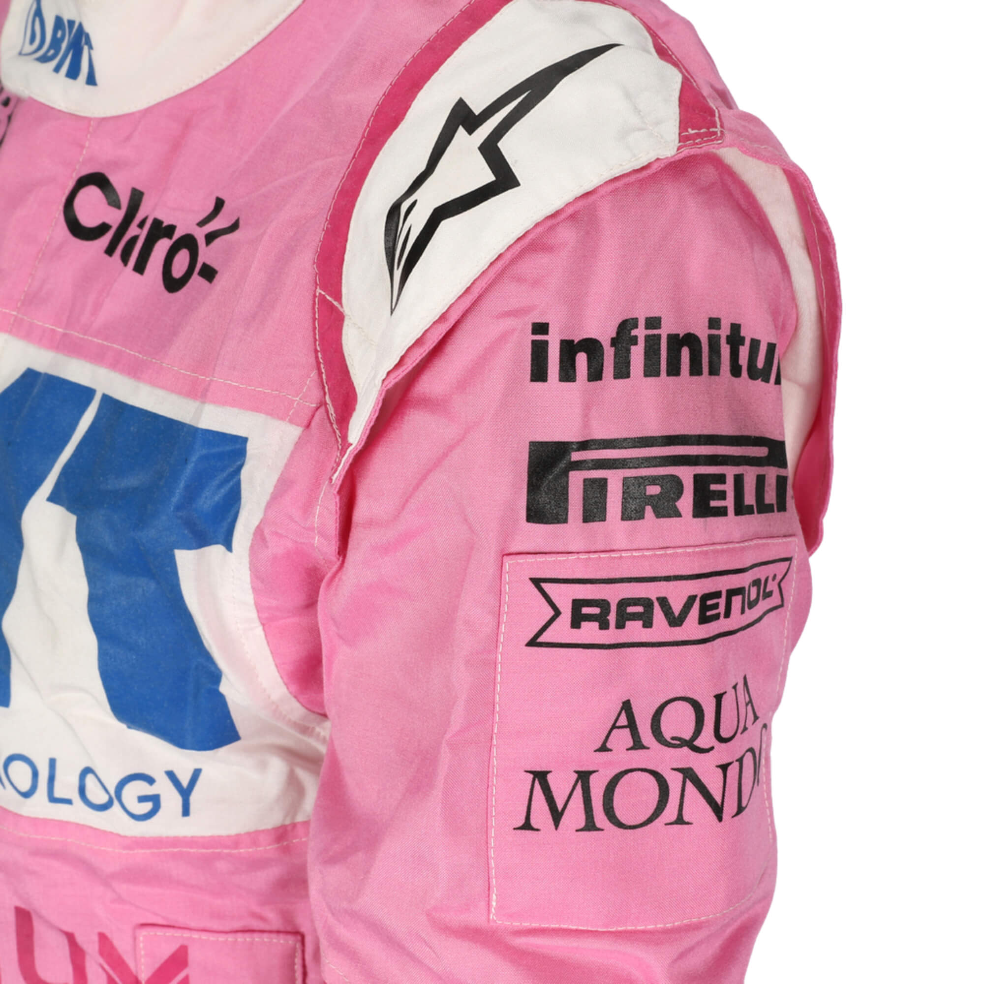 Close up view of shoulder Lance Stroll 2020 F1 suit – sharp image showcasing the bold pink and green color