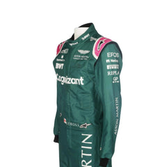 2021 Lance Stroll F1 Racing Suit Side View, Arm Strip Detailing, Sponsor Logos, Streamlined Paneling