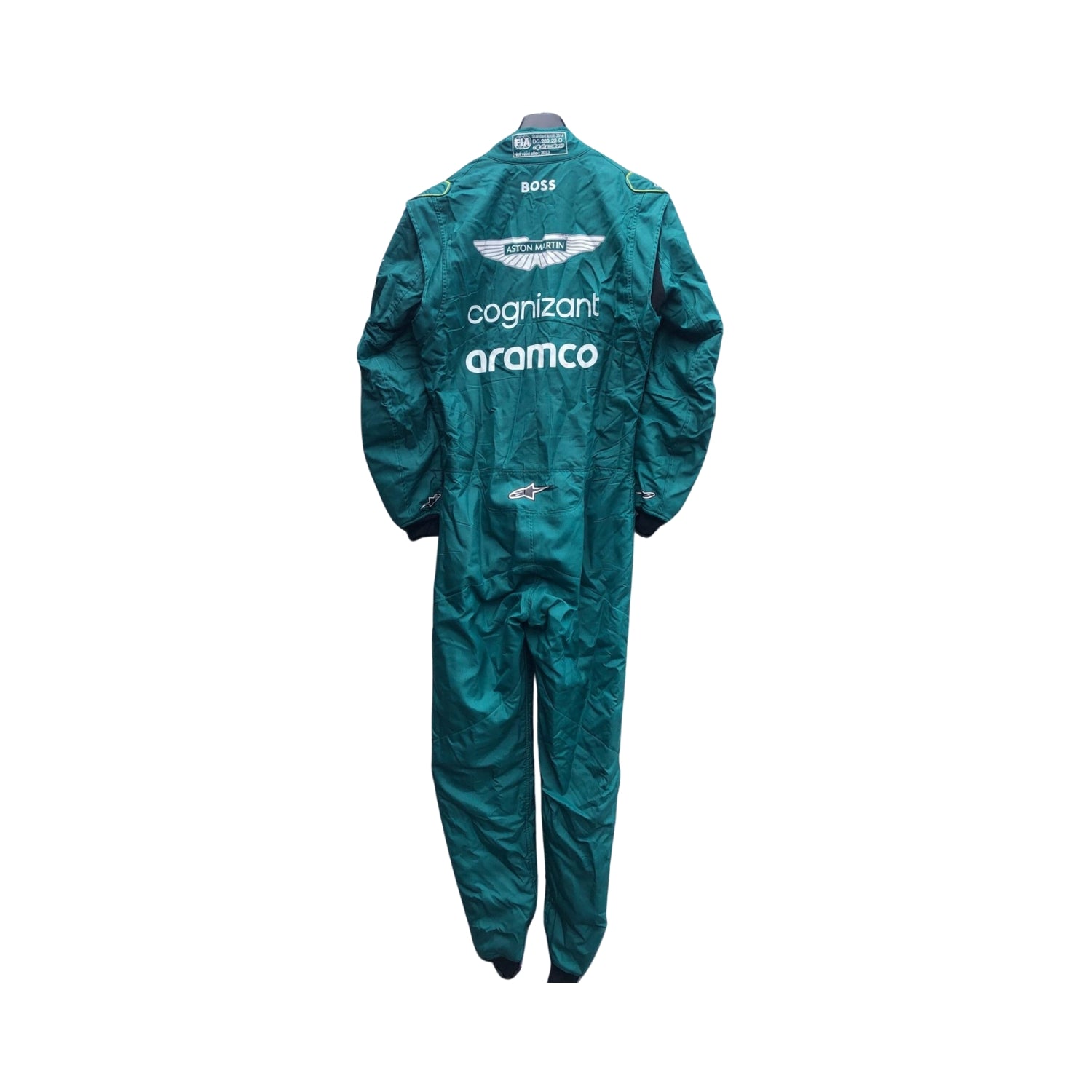 Rear view of Lance Stroll’s 2023 F1 racing suit, highlighting the back design with precise sponsor placements and a focus on aerodynamics, ensuring a fit tailored for optimal performance during races.Bestracewear