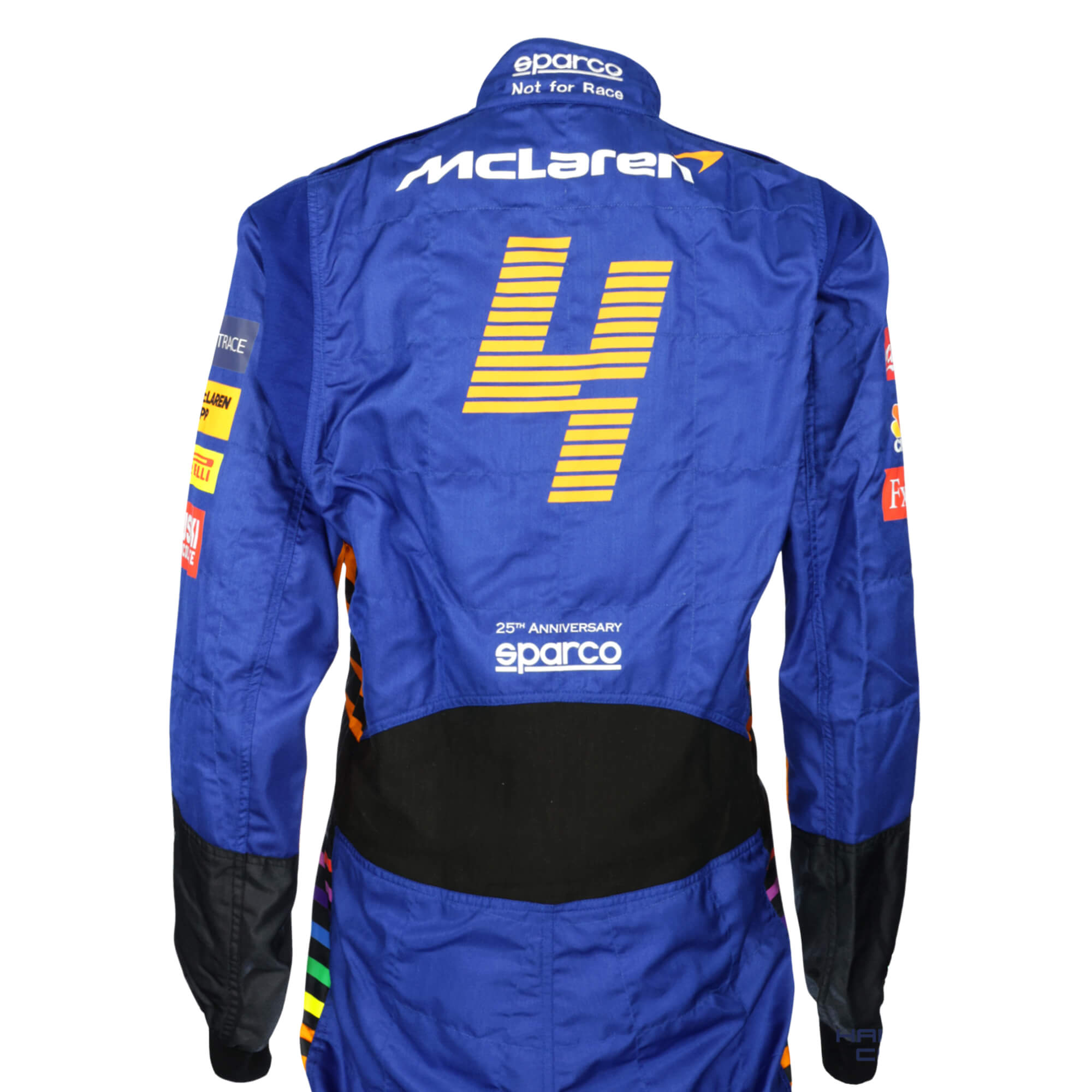 Back view of Lando Norris 2021 Formula 1 racing costume showing printed name and signature styling - Bestracewear