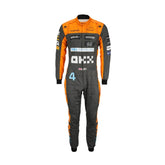 Lando Norris wearing the 2023 F1 racing suit showcasing bold color blocking, intricate detailing, and a sleek driver-specific cut.Bestracewear