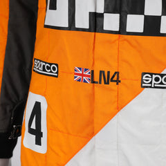 Close-up of the special edition Spanish GP racing suit showcasing premium fabric texture and subtle commemorative graphics.Bestracewear