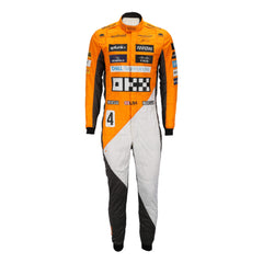 Lando Norris in the 2023 'Triple Crown' Spanish GP race suit featuring a tribute design with refined graphics and modern tailoring.Bestracewear