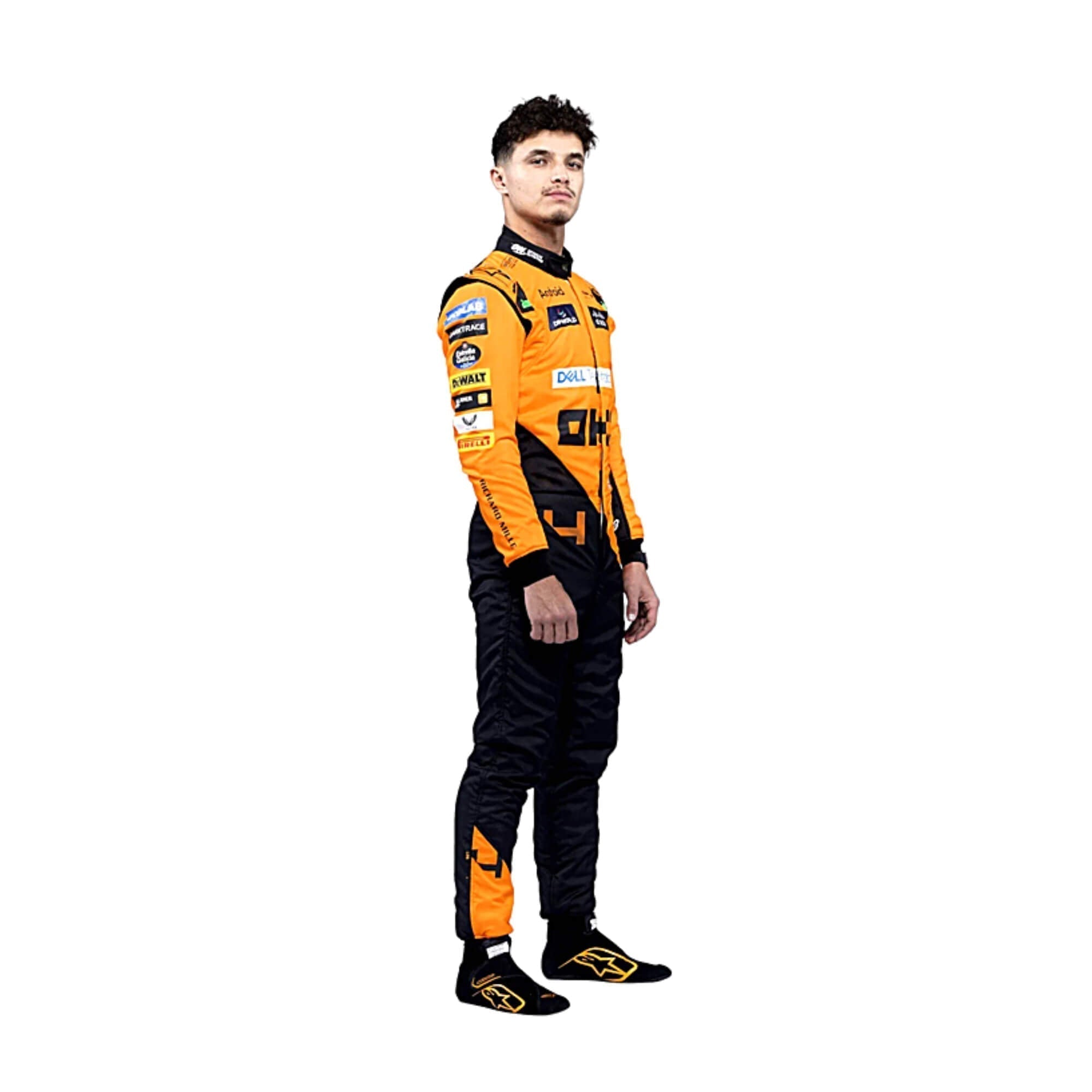 Lando Norris standing confidently in his 2024 F1 racing suit, front view showcasing a vibrant papaya orange base with contrasting black panels and subtle detailing along the chest and arms.