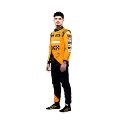 Side profile of Lando Norris in his 2024 F1 racing suit, displaying the ergonomic fit and the interplay of papaya orange and black fabrics, enhanced by sleek detailing along the side seams.