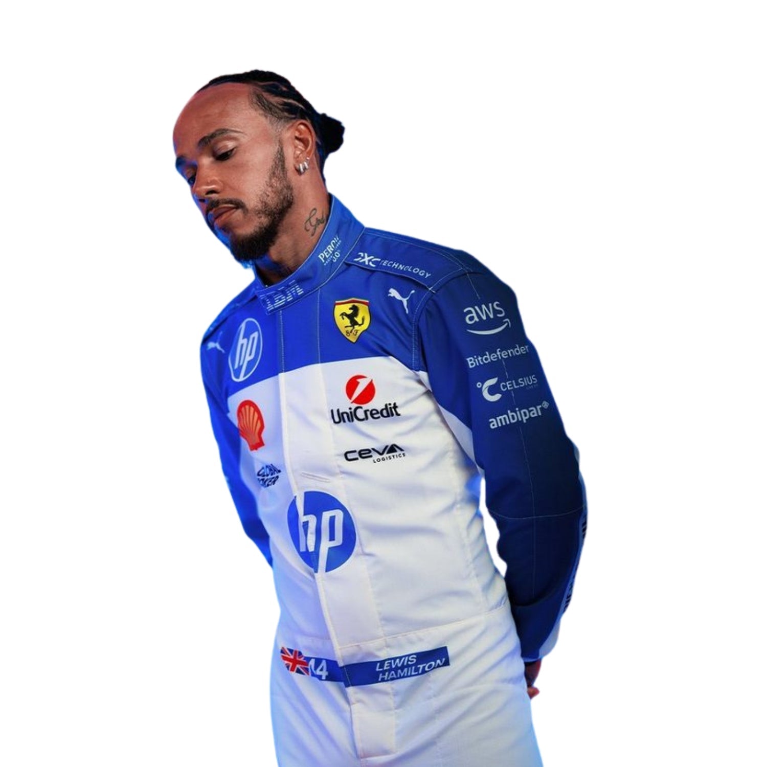 Detailed close-up of the LewisHamilton2025MiamiGPF1RacingSuit_Bestracewear , including high-contrast stitching, driver name embroidery, and premium patches tailored for Hamilton-Bestracewear