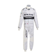 Front view of Lewis Hamilton’s 2014 F1 racing suit in white and teal colors, worn during his championship-winning season showcasing sleek race-ready design.Bestracewear