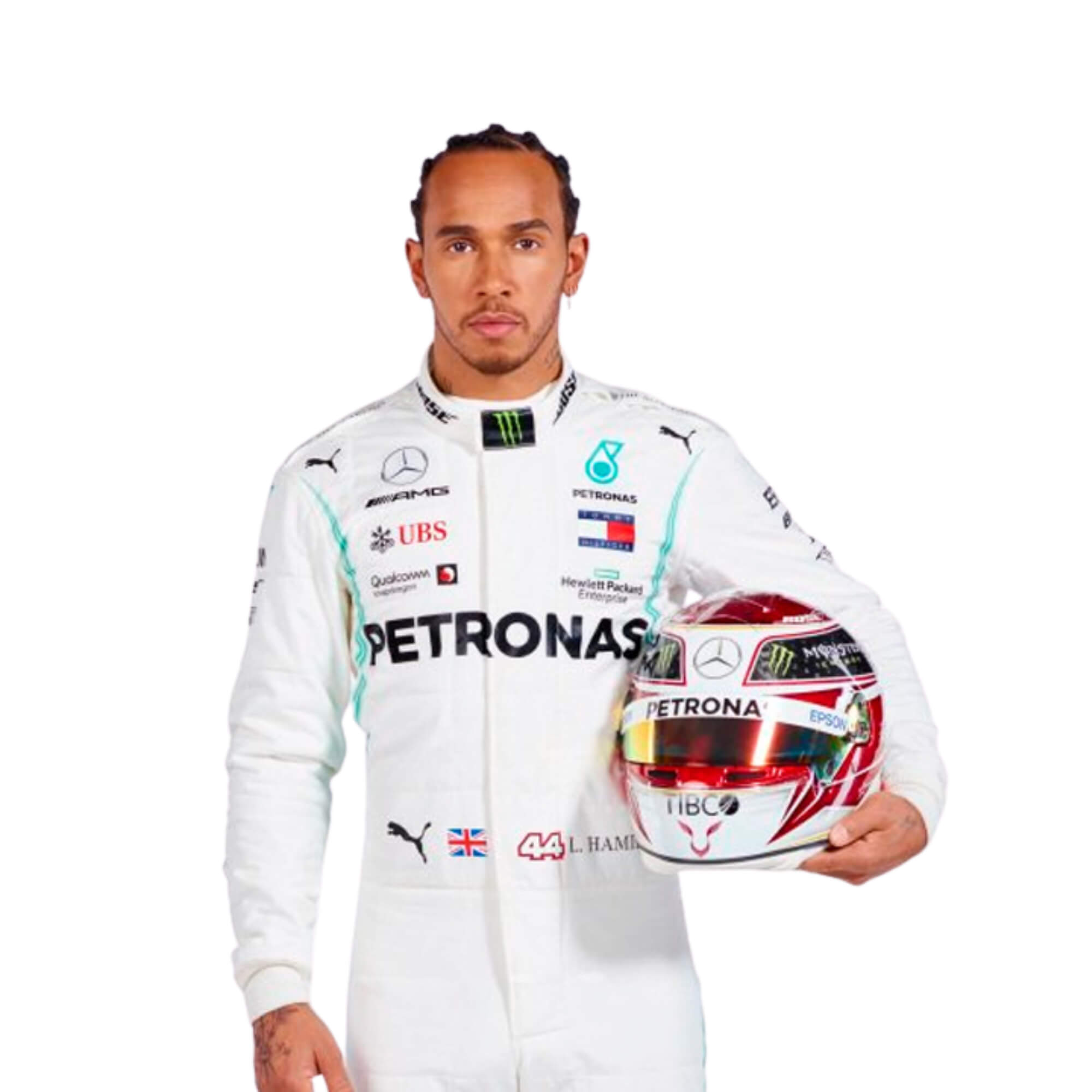 Closeup front view of Lewis Hamilton 2019 F1 racing suit – front view with clean, modern race-inspired details -Bestracewear