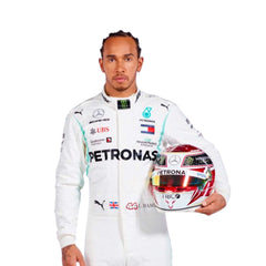 Closeup front view of Lewis Hamilton 2019 F1 racing suit – front view with clean, modern race-inspired details -Bestracewear