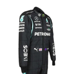 Side profile of Lewis Hamilton 2021 racing suit featuring stretch panels and aerodynamic fit