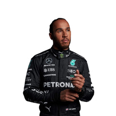 Close-up of Hamilton’s 2023 F1 suit detailing the fabric texture and fine stitching, with clear sponsor placements. Bestracewear