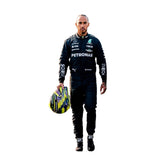 Lewis Hamilton’s 2023 F1 racing suit featuring sponsor logos across the chest and legs, designed for high performance. Bestracewear
