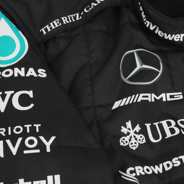 Close-up of Hamilton’s 2023 F1 suit detailing the fabric texture and fine stitching, with clear sponsor placements.Bestracewear