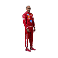 Side right profile of Lewis Hamilton 2025 F1 racing suit showcasing sleek fit, durable material, and Ferrari’s signature red and black design.