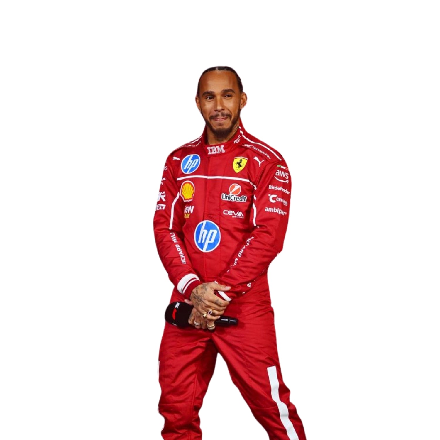 Lewis Hamilton standing confidently in the 2025 Ferrari F1 racing suit, featuring sleek red and black colors and a professional racing look.